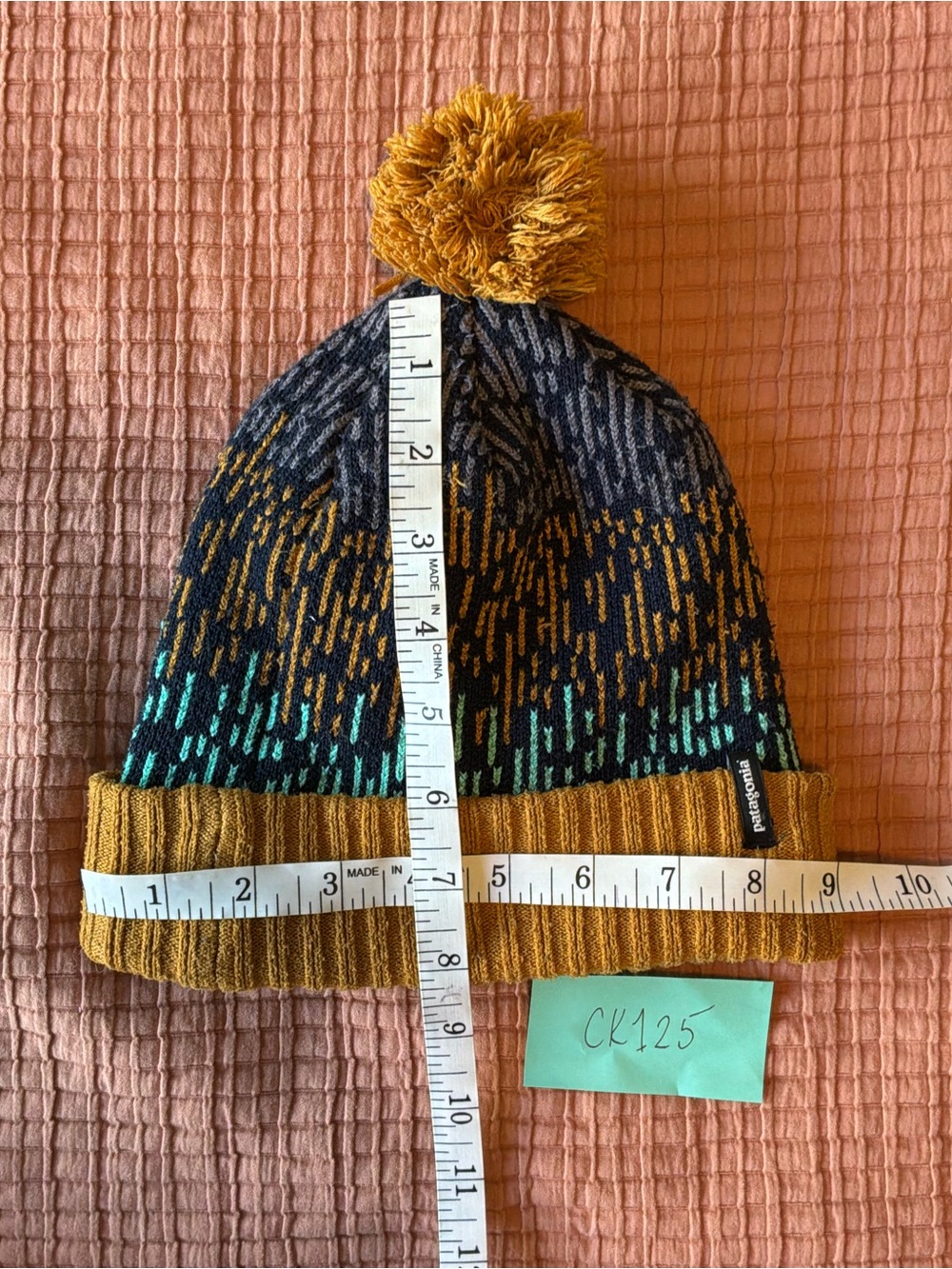 Patagonia Mustard, Navy & Teal Pom Beanie